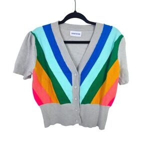 OXKNITSTORE Retro Rainbow Stripe Short Sleeve Soft Cardigan Grey V-Neck Button